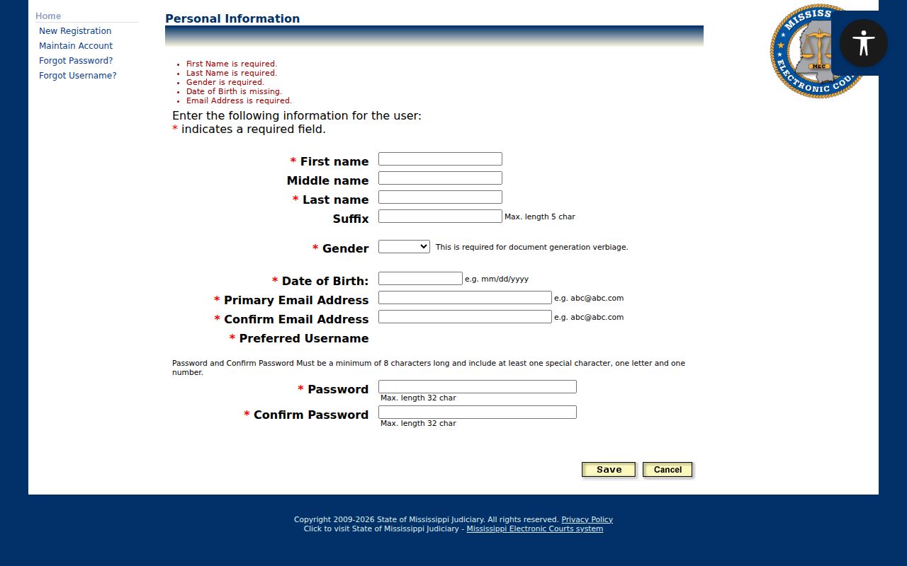 Lauderdale County case lookup PAMEC personal-information registration form