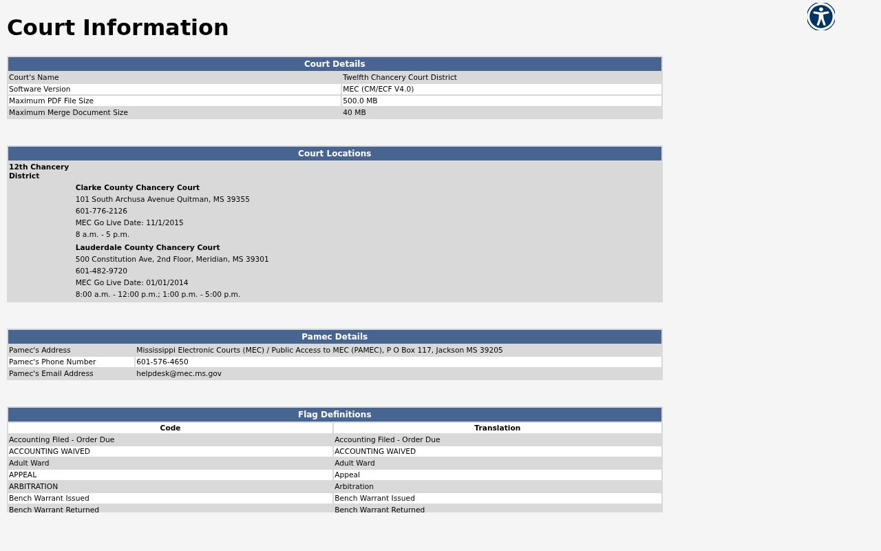 Lauderdale County civil docket Twelfth Chancery Court Information page