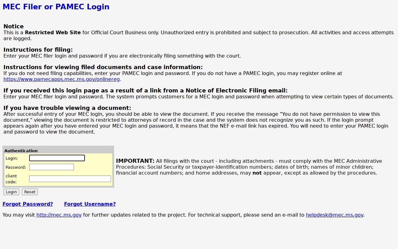 Lauderdale County civil docket Twelfth Chancery MEC login screen