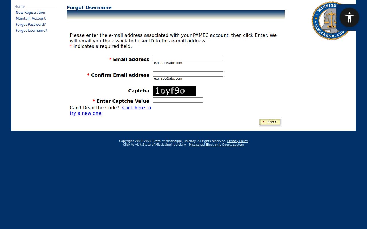 Lauderdale County court records PAMEC forgot-username form